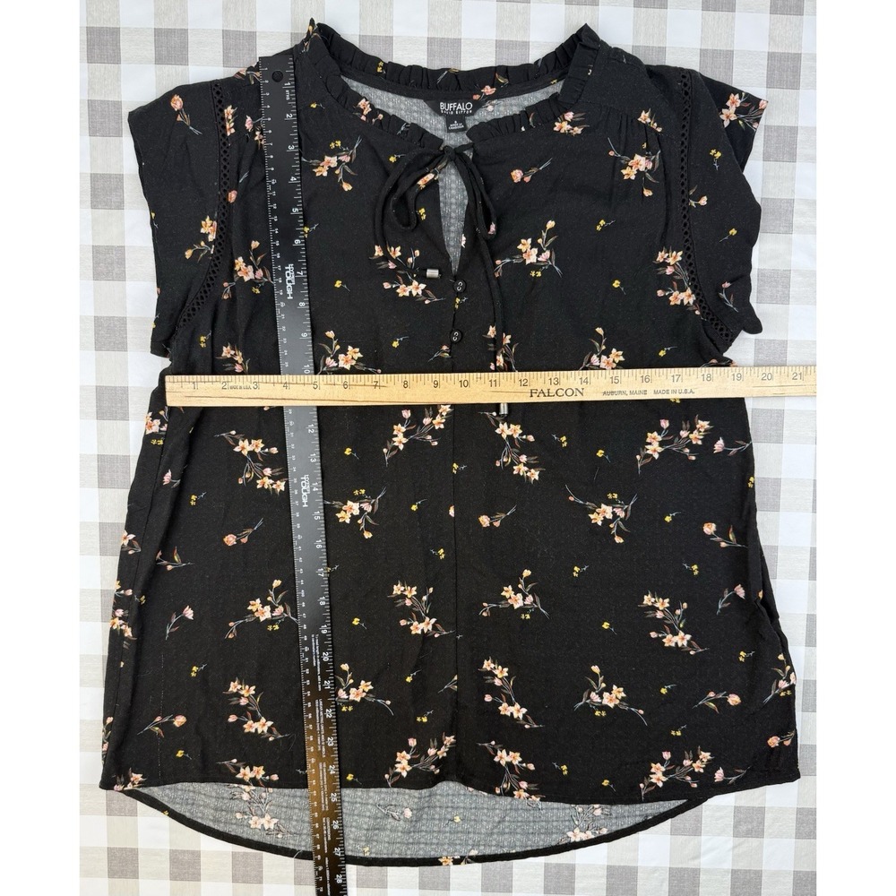 Floral Boho Blouse Black Peasant Top Lightweight Buffalo David Bitton Small - Picture 3 of 5
